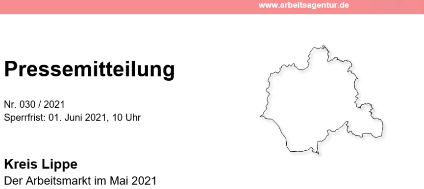 Pressemitteilung der Agentur für Arbeit Detmold: Der Arbeitsmarkt im Mai 2021 in Lippe