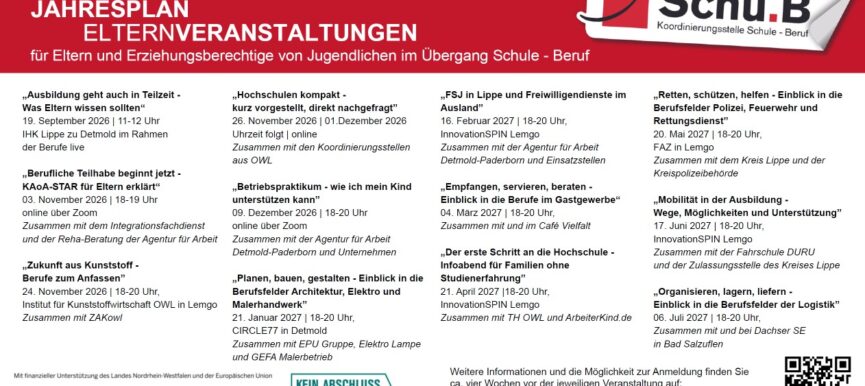 Jahresplan der Elternveranstaltungen 2026/27 – Auftakt mit „Ausbildung geht auch in Teilzeit“